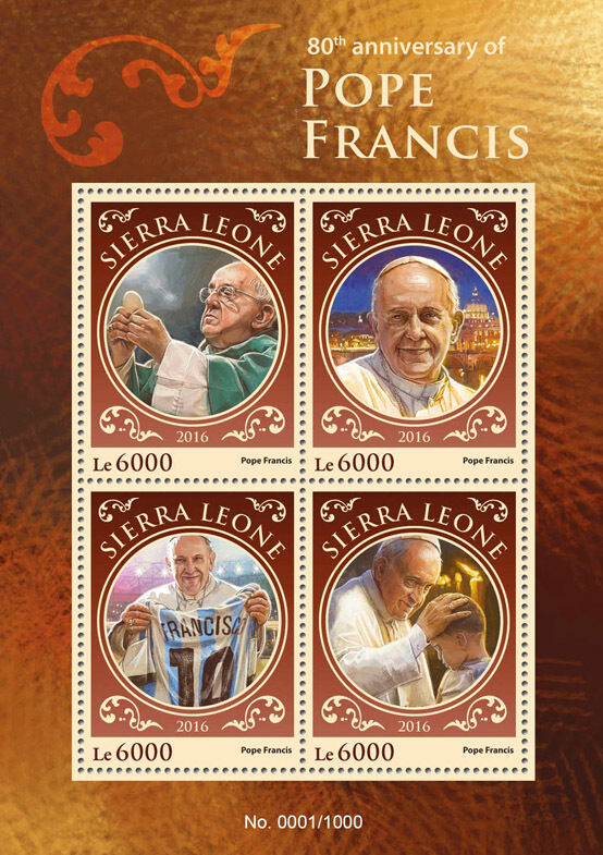 Sierra Leone 2016 MNH Pope Francis 80th Birthday Anniv 4v M/S Popes Stamps