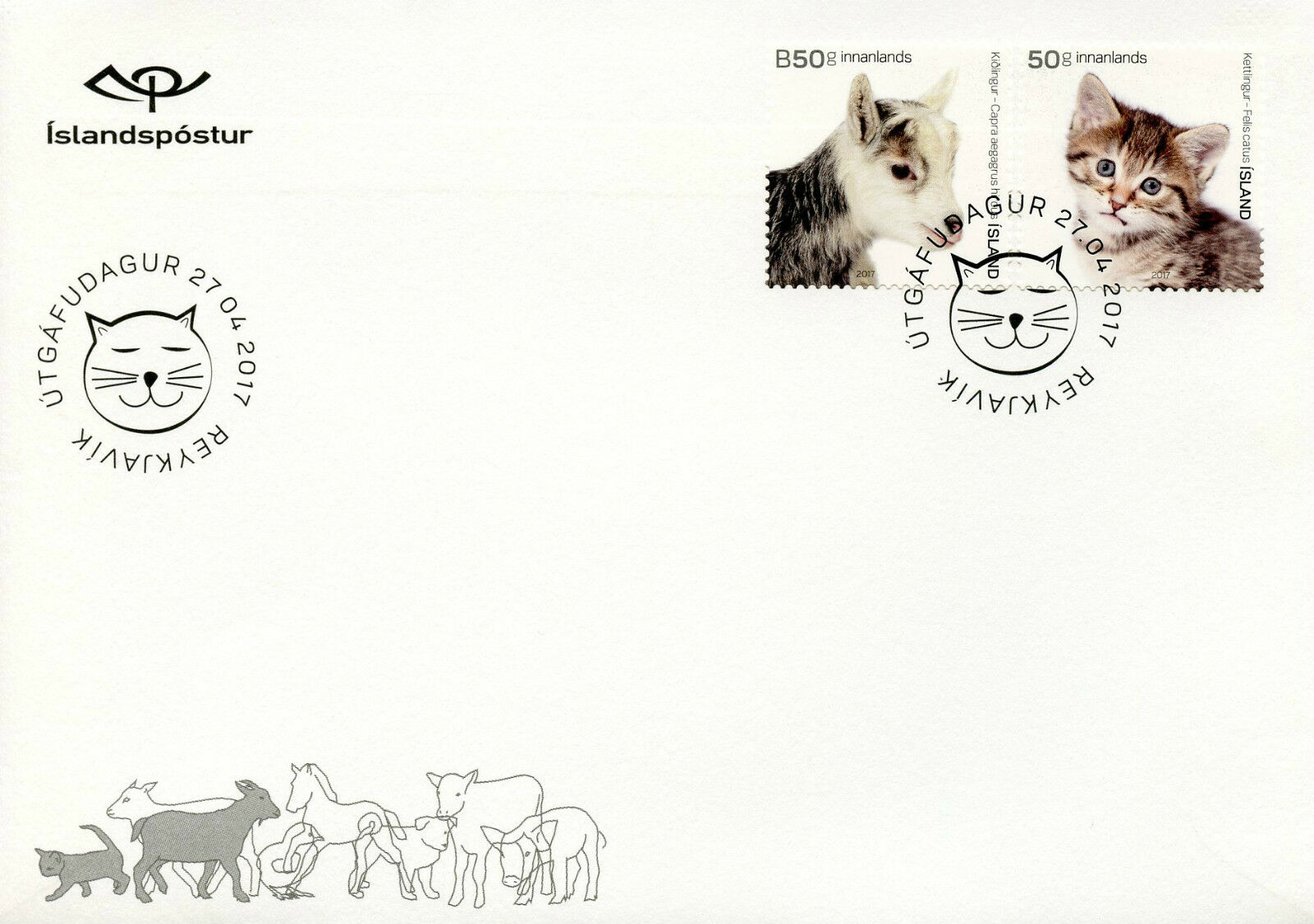 Iceland 2017 FDC Young Domestic Animals Goats Cats Kittens 2v Cover Pets Stamps
