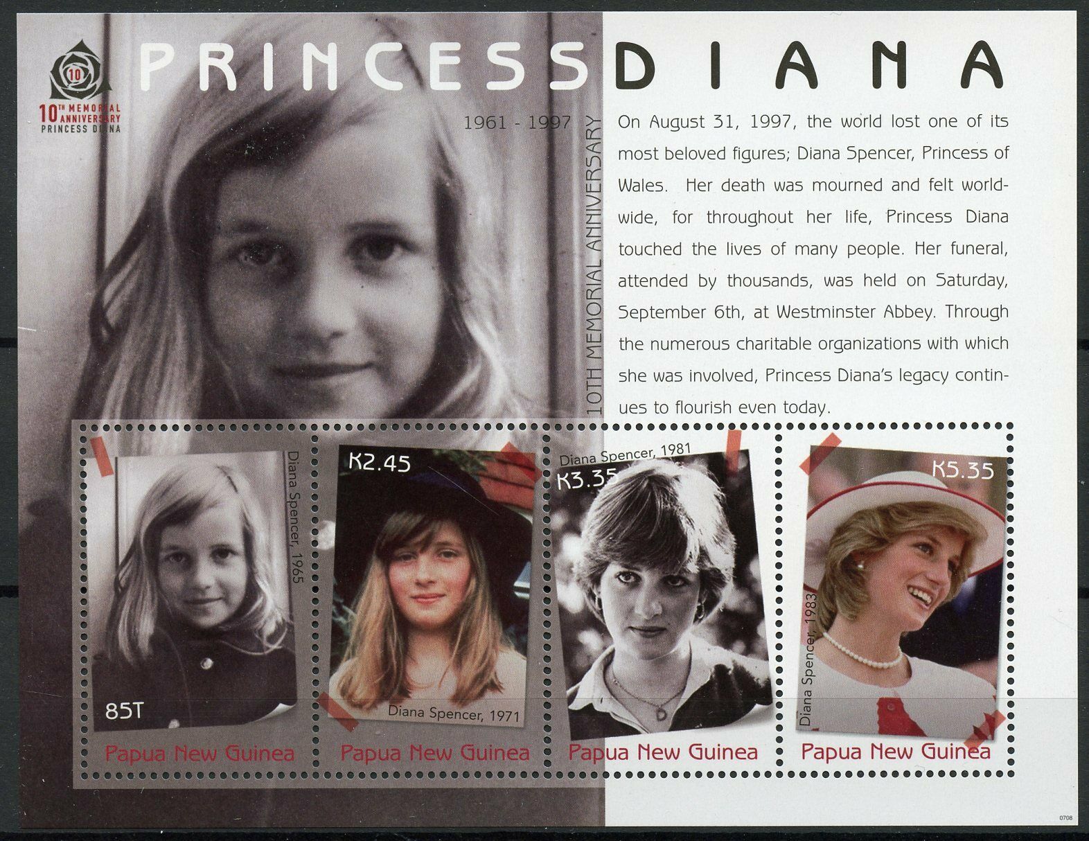 Papua New Guinea PNG Royalty Stamps 2007 MNH Princess Diana Famous People 4v M/S