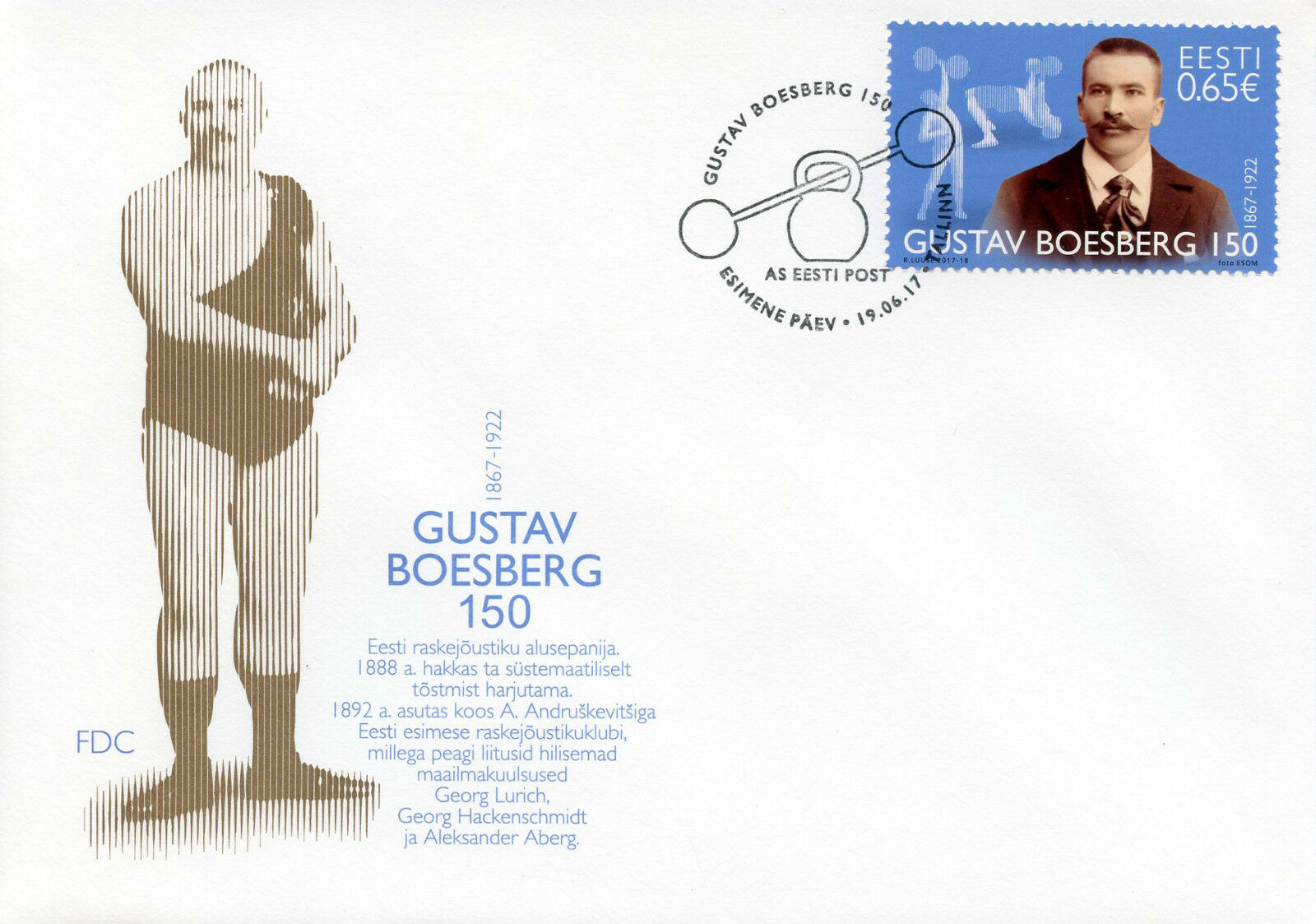Estonia 2017 FDC Gustav Boesberg Founder Heavy Athletics 1v Cover Sports Stamps