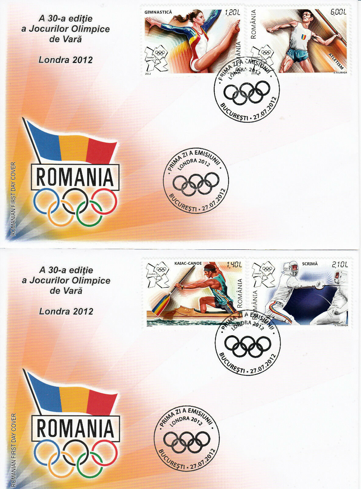 Romania 2012 FDC London Olympics 4v Set on 2 Covers Games Fencing Canoe Javelin