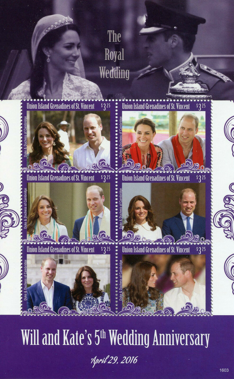 Union Island Gren St Vincent 2016 MNH William & Kate 5th Wedding 6v M/S Stamps