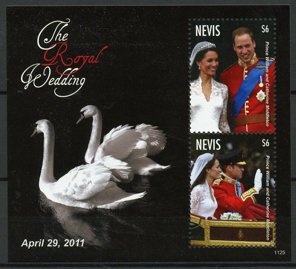 Nevis Royalty Stamps 2011 MNH Royal Wedding Prince William Kate Swans 2v S/S