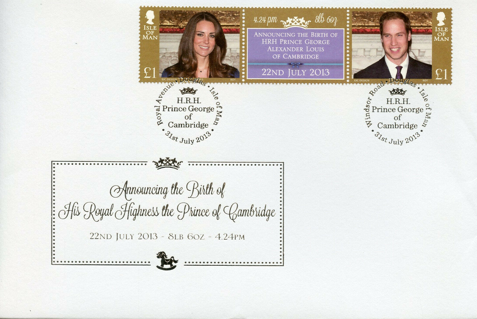 Isle of Man IOM 2013 FDC Prince George Royal Baby 2v Set Special Cover Stamps