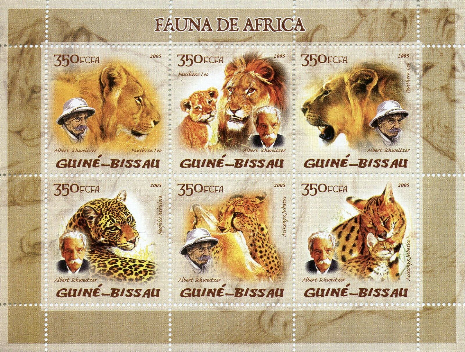 Guinea-Bissau Wild Animals Stamps 2005 MNH Lions Cheetahs Schweitzer 6v M/S