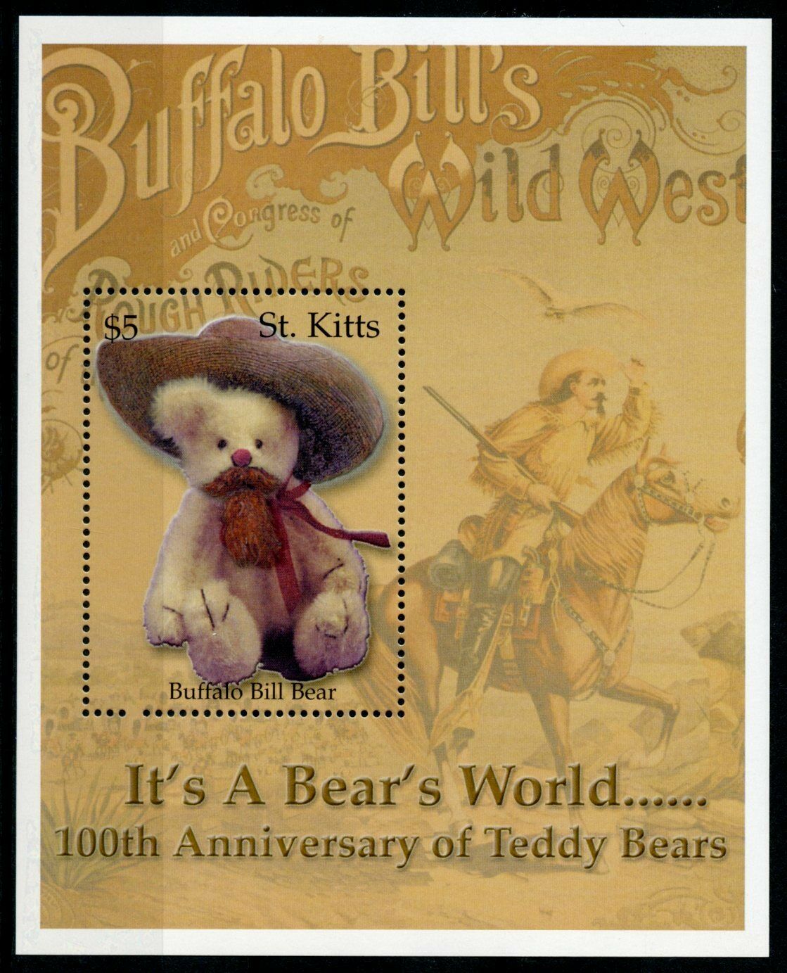 St Kitts Stamps 2003 MNH Teddy Bears 100th Anniv Buffalo Bill Bear 1v S/S