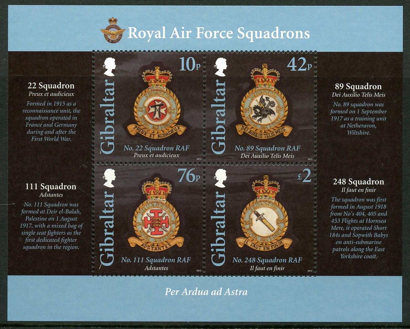 Gibraltar Aviation Stamps 2012 MNH Royal Air Force RAF Squadrons I Emblems 4v MS