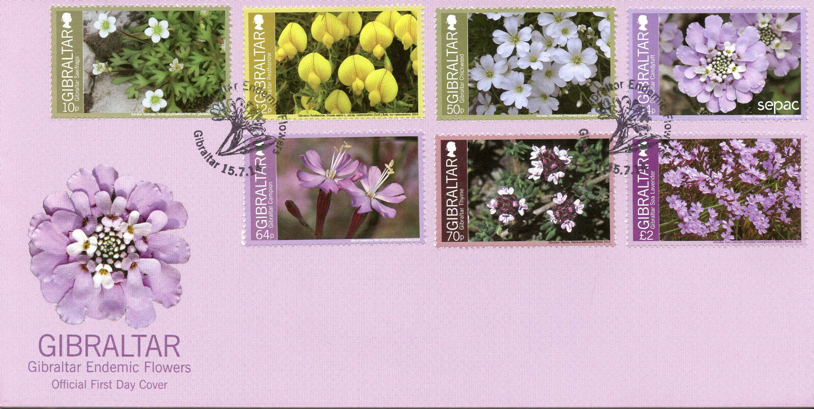 Gibraltar 2014 FDC Endemic Flowers 7v Set Cover Flora Campion Lavender Thyme
