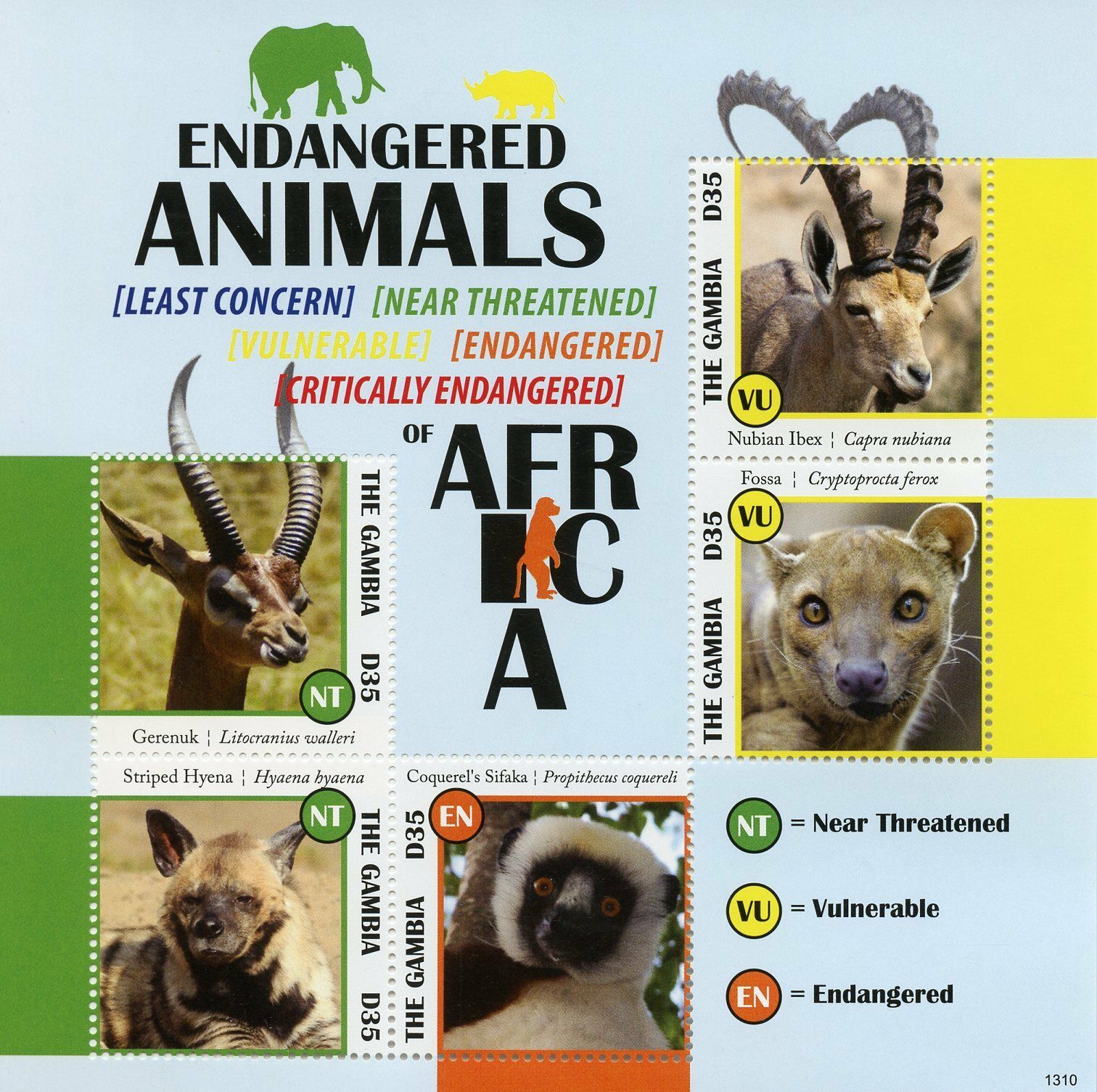 Gambia 2013 MNH Endangered Wild Animals Stamps Gerenuk Hyena Ibex 5v M/S I