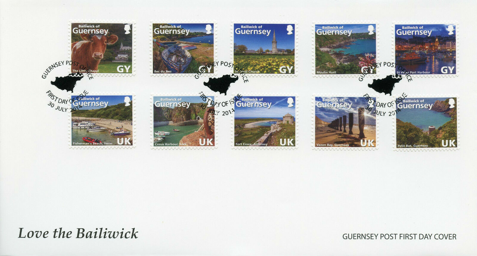 Guernsey 2014 FDC Love Bailiwick 10v S/A Set Cover Tourism Cows Torteval Church