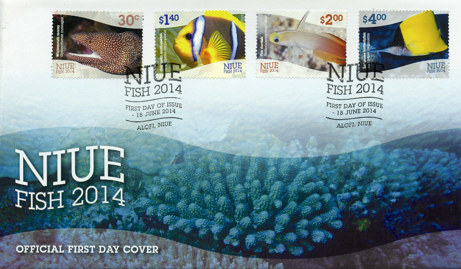 NIUE 2014 FDC Fish 4v Set Cover Moray Anemonefish Marine Dartfish Butterflyfish