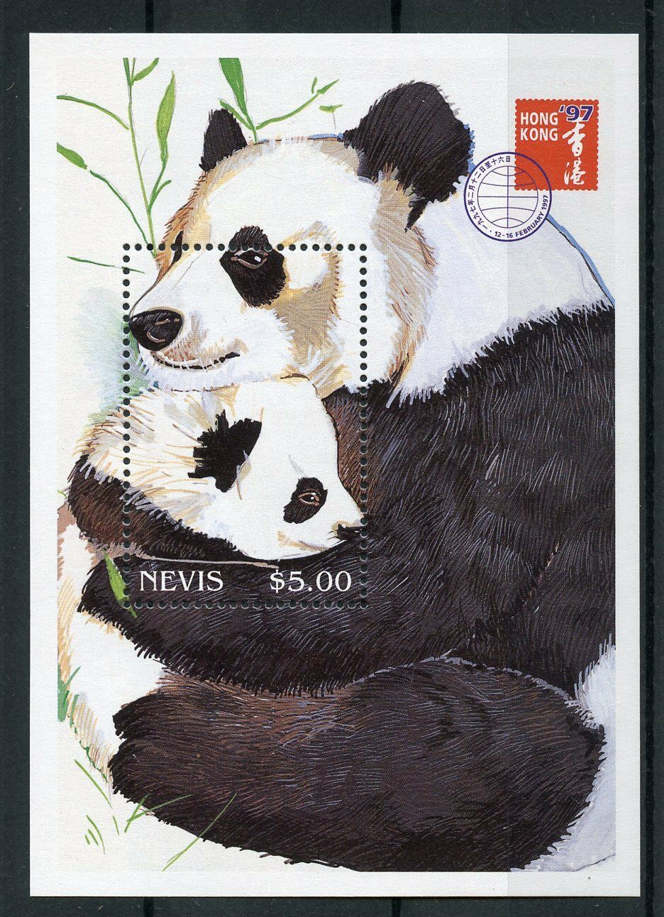 Nevis 1997 MNH Giant Pandas Hong Kong '97 1v S/S Wild Animals Panda Stamps