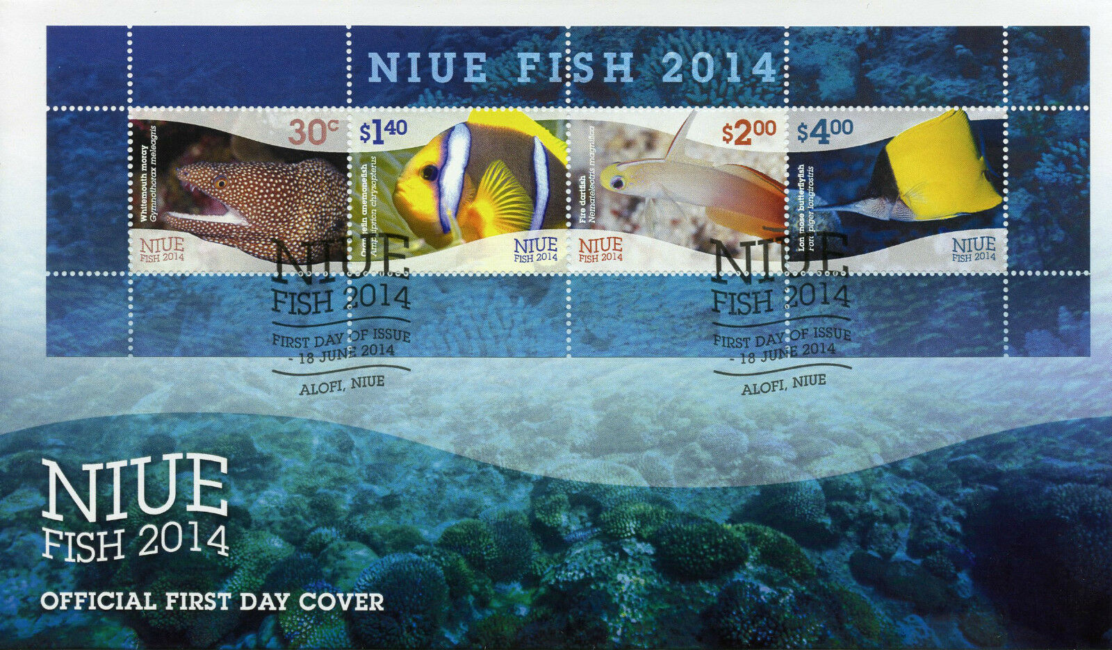 NIUE 2014 FDC Fish 4v M/S Cover Moray Anemonefish Marine Dartfish Butterflyfish