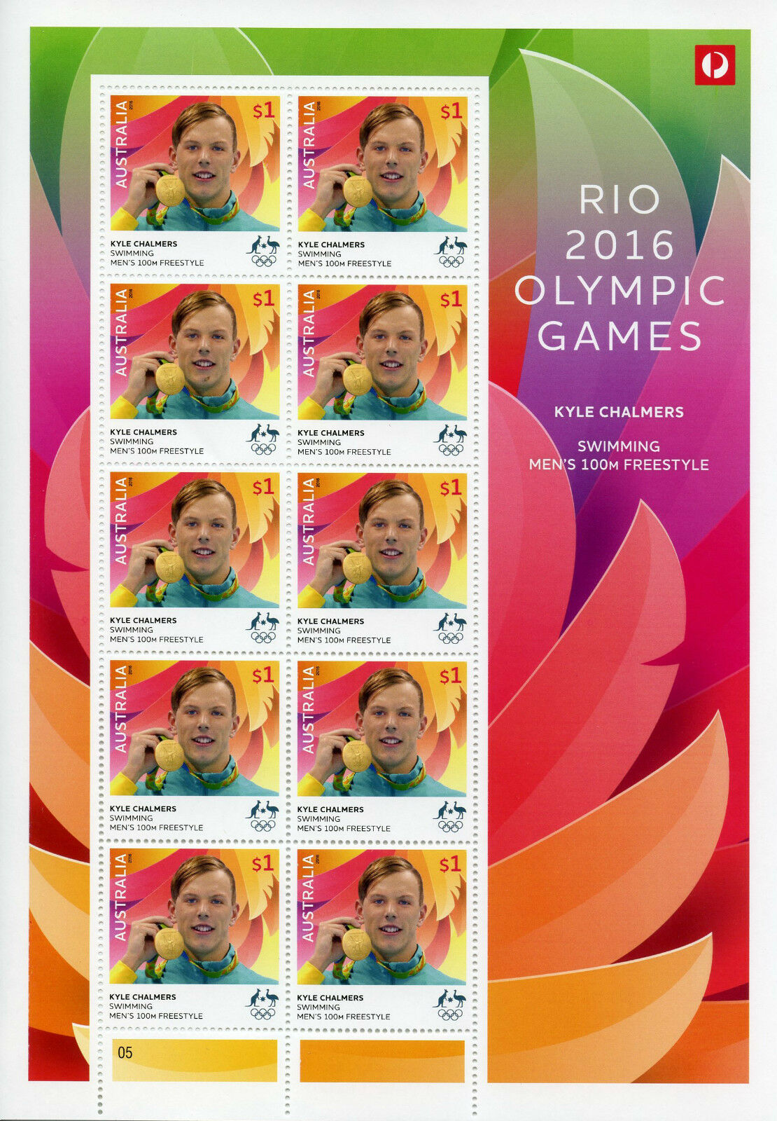 Australia 2016 MNH Rio Olympics Gold Medal Winners Kyle Chalmers 10v M/S Stamps