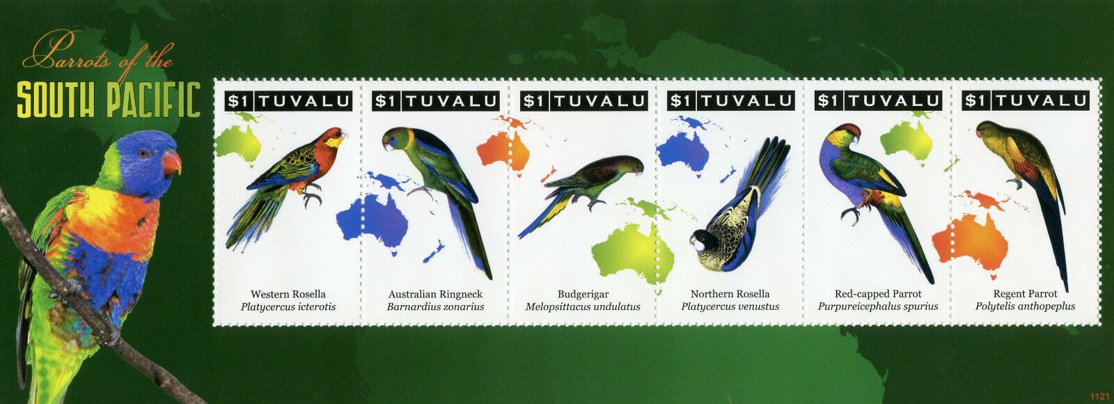 Tuvalu 2011 MNH Birds on Stamps Parrots of South Pacific Rosella Budgerigar 6v M/S