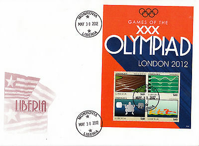 Liberia 2012 FDC London Olympics 4v Sheet Cover Track Swimming Olympics Games
