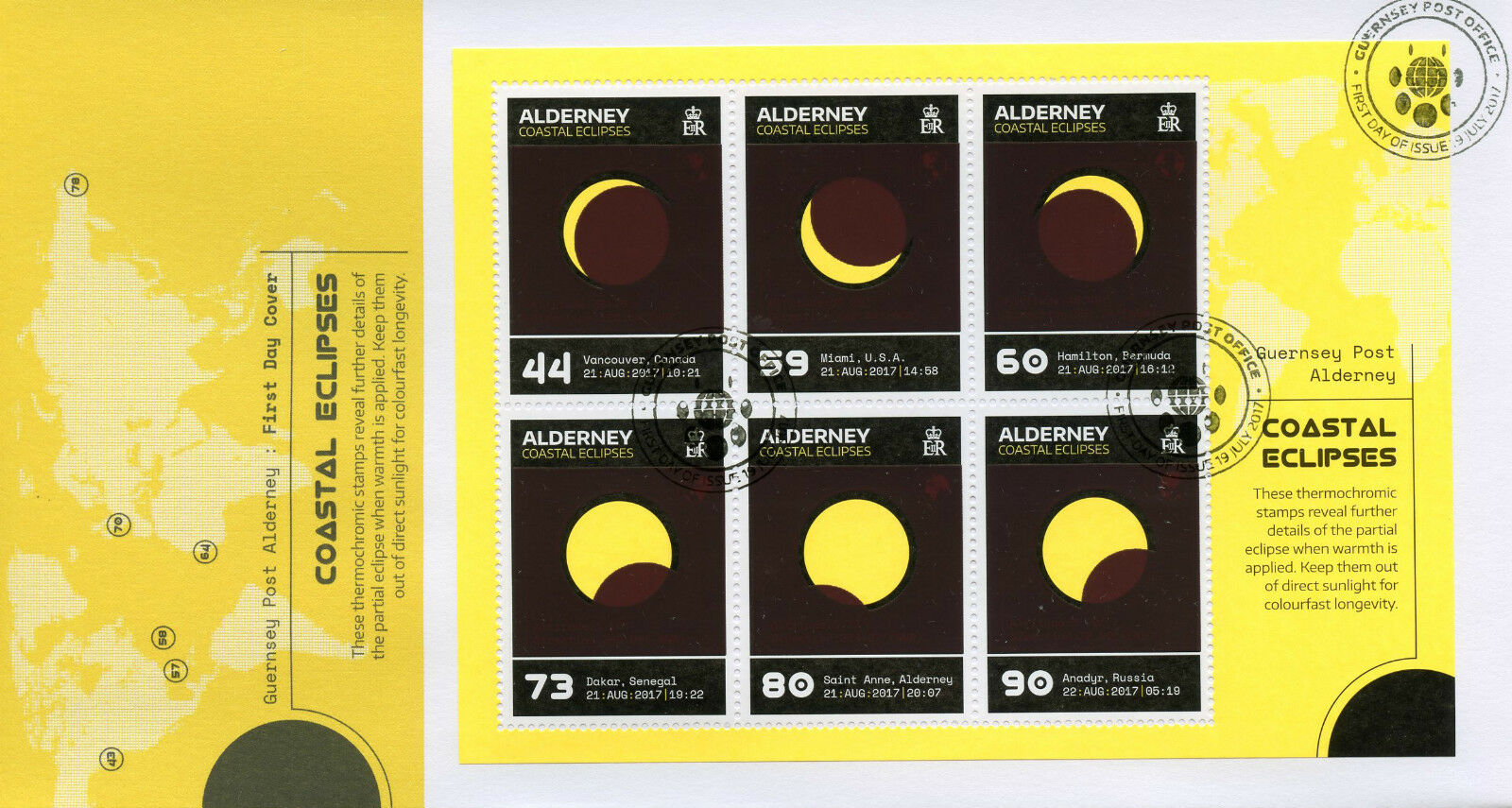Alderney 2017 FDC Coastal Solar Eclipses 6v M/S Cover Thermochromic Stamps