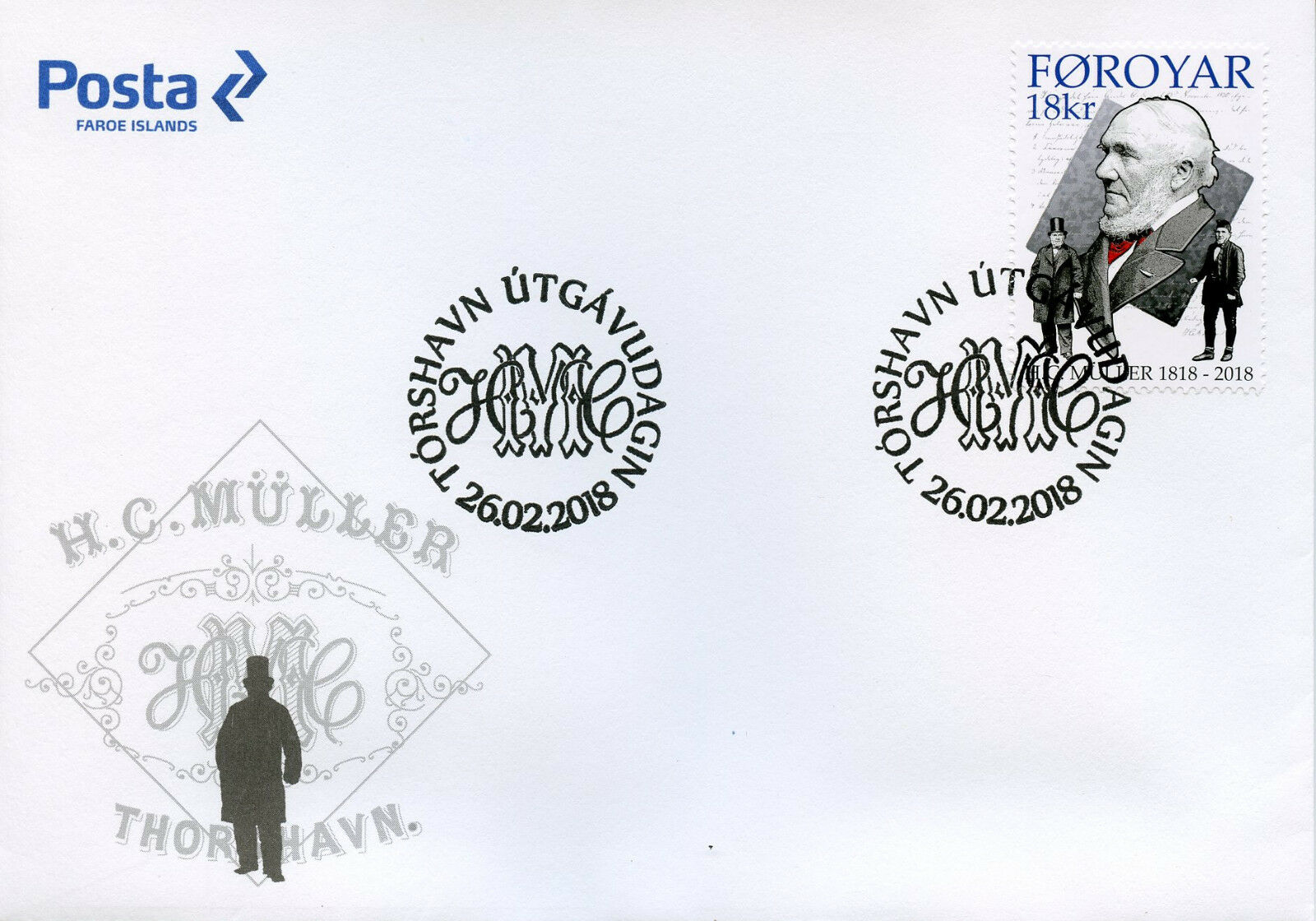 Faroes Faroe Islands 2018 FDC H.C. Mueller Muller 1v Cover Politicians Stamps