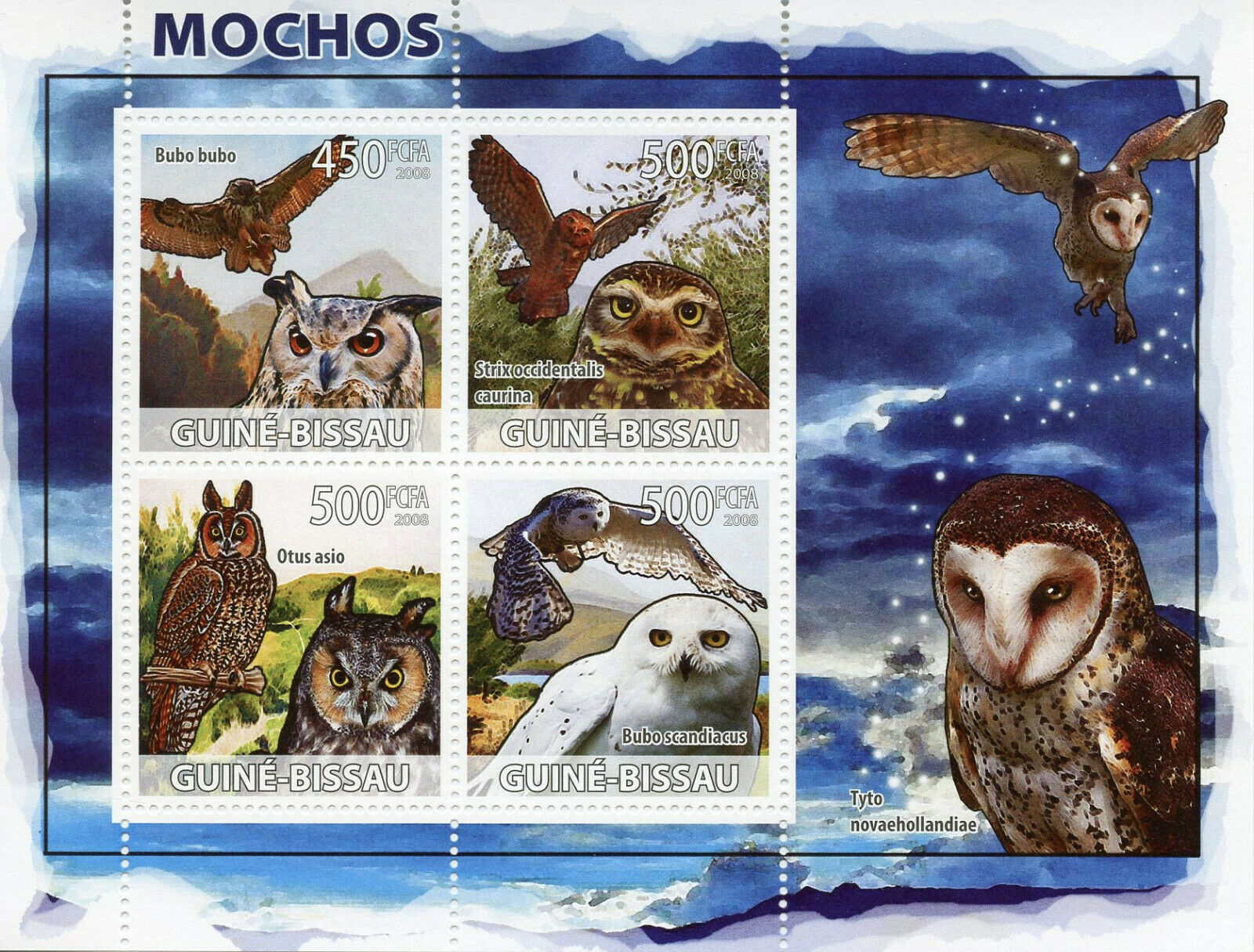 Guinea-Bissau Birds on Stamps 2008 MNH Owls Snowy Owl Eagle-Owl 4v M/S