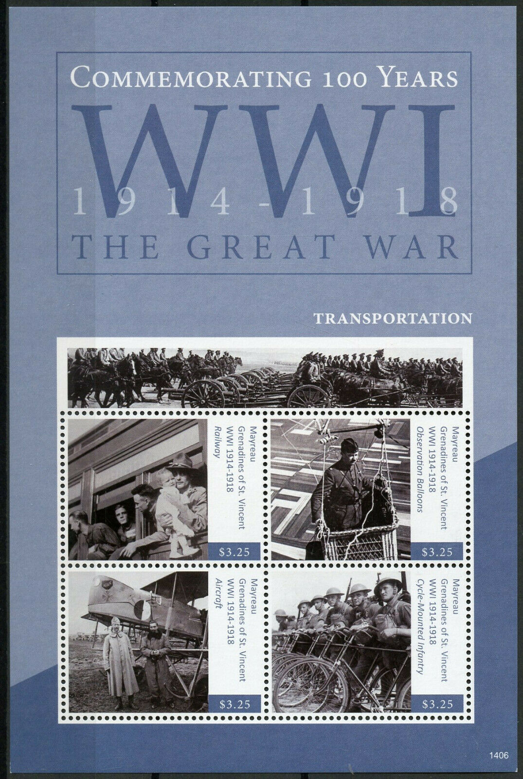 Mayreau Gren St Vincent 2014 MNH WWI WW1 Transportation 4v M/S Military Stamps
