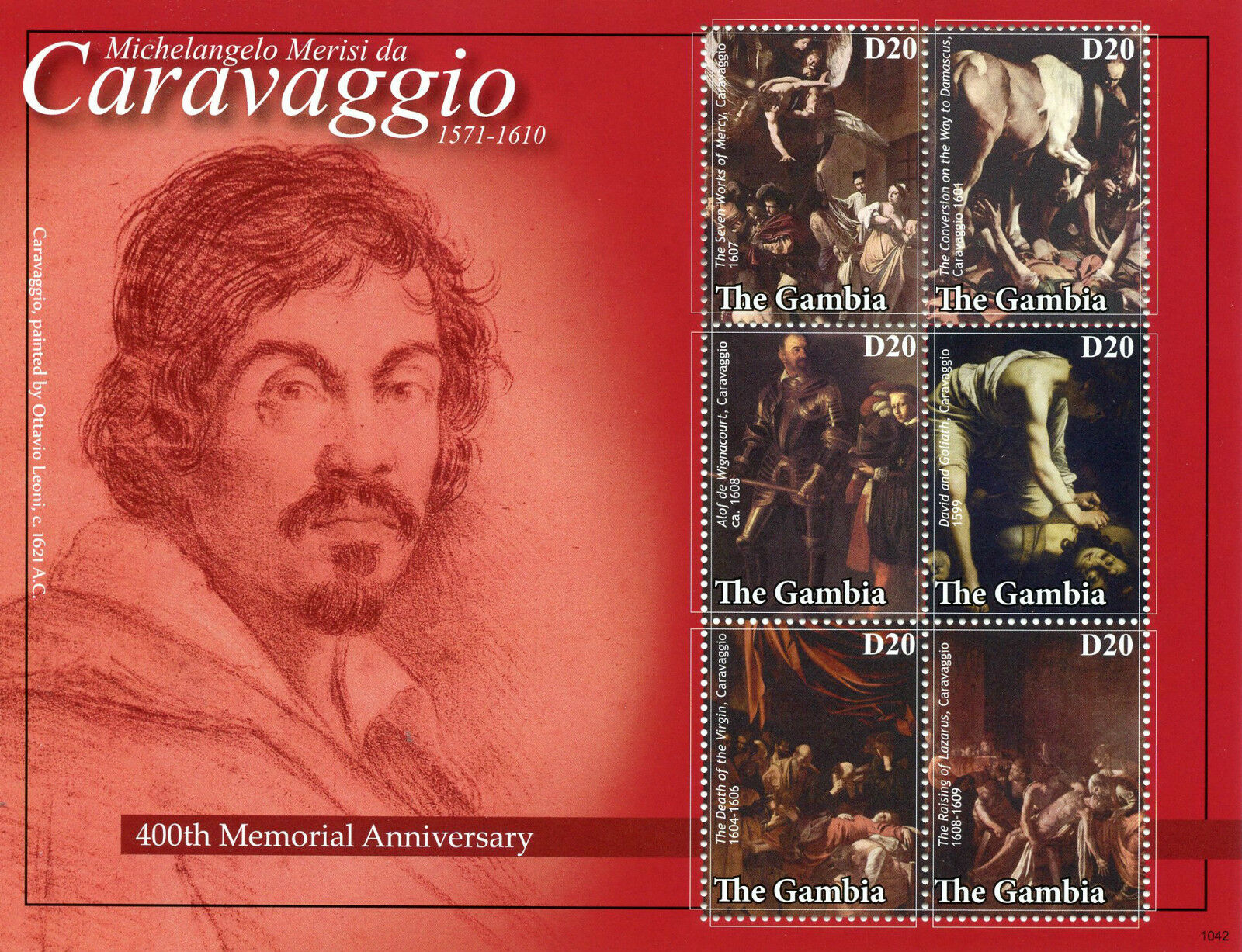 Gambia 2010 MNH Art Stamps Michelangelo Merisi da Caravaggio 400th Mem 6v M/S