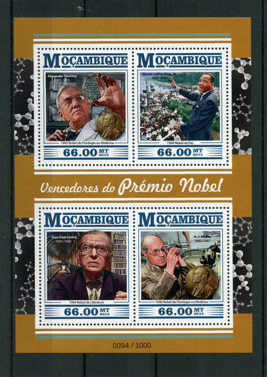 Mozambique 2015 MNH Nobel Prize Winners 4v M/S Martin Luther King Sartre Fleming