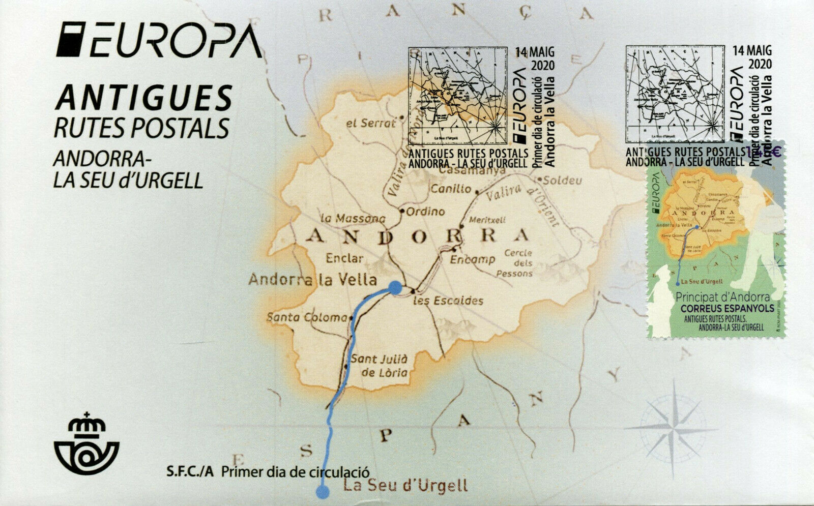 Spanish Andorra Europa Stamps 2020 FDC Ancient Postal Routes Maps Postman 1v Set