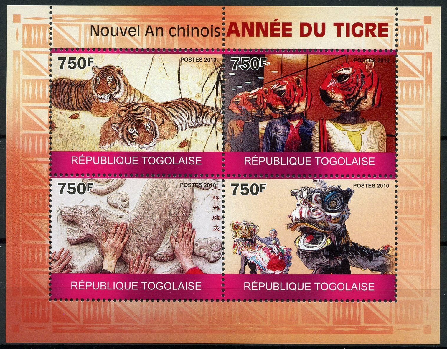 Togo Year of Tiger Stamps 2010 MNH Tigers Chinese Lunar New Year 4v M/S
