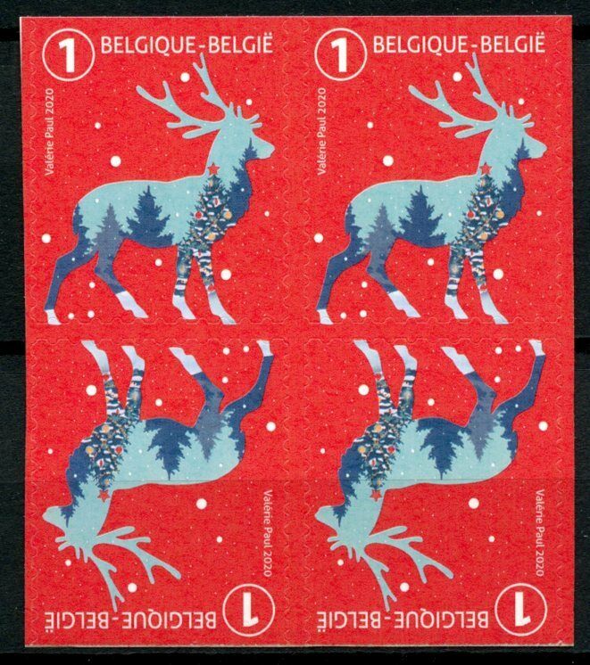Belgium Christmas Stamps 2020 MNH Reindeer Domestic Value 1 Seasonal 4v SA Block