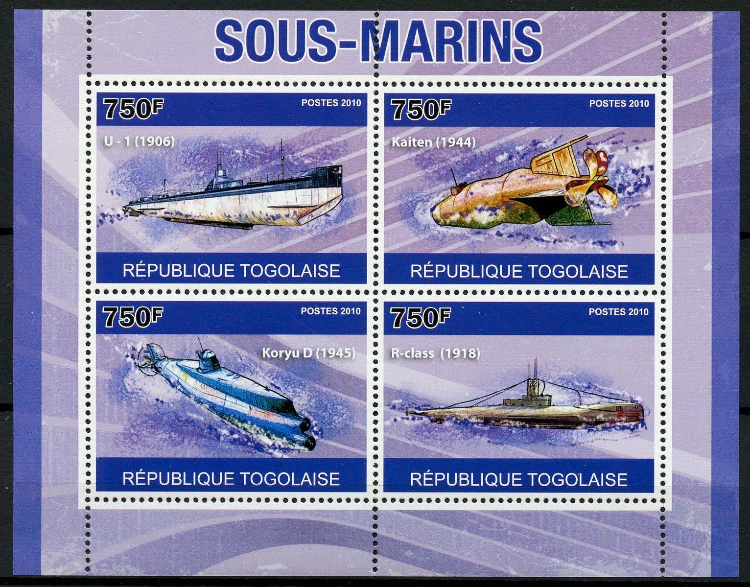 Togo Submarines Stamps 2010 MNH Kaiten U-1 Koryu D Ships Boats Nautical 4v M/S
