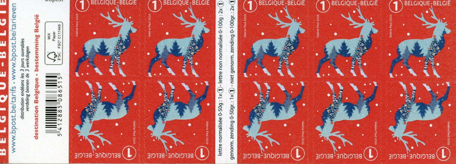 Belgium Christmas Stamps 2020 MNH Reindeer Domestic Value 1 10v S/A Booklet