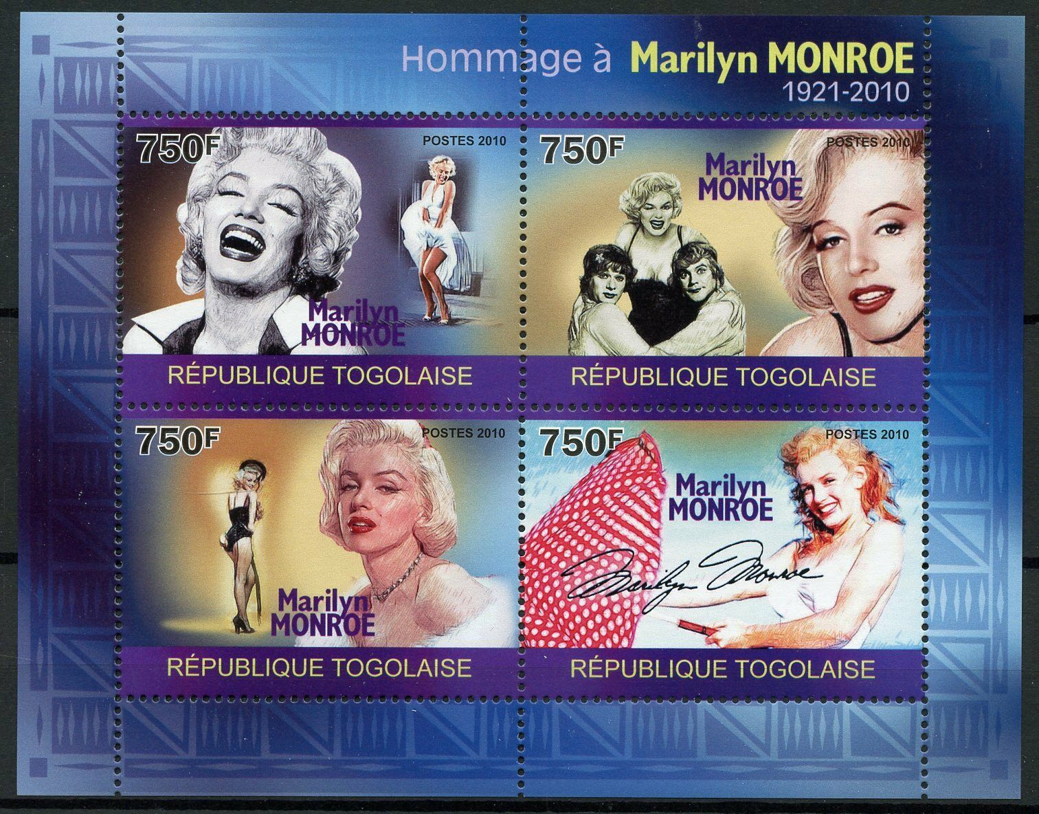 Togo Marilyn Monroe Stamps 2010 MNH Famous People Celebrities 4v M/S