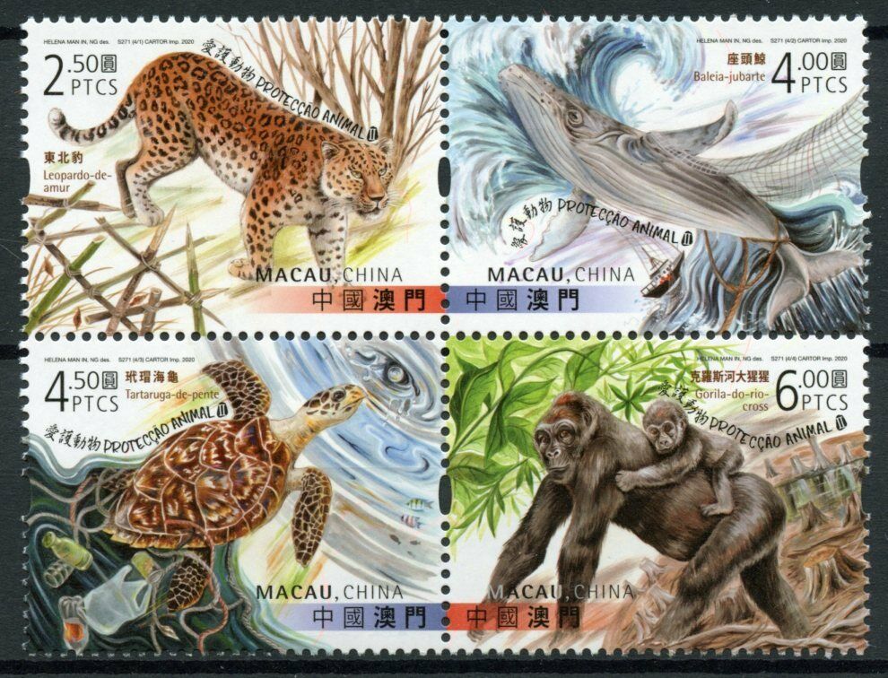 Macau Macao Animal Protection 2020 MNH Turtles Gorillas Leopards Whales 4v Block