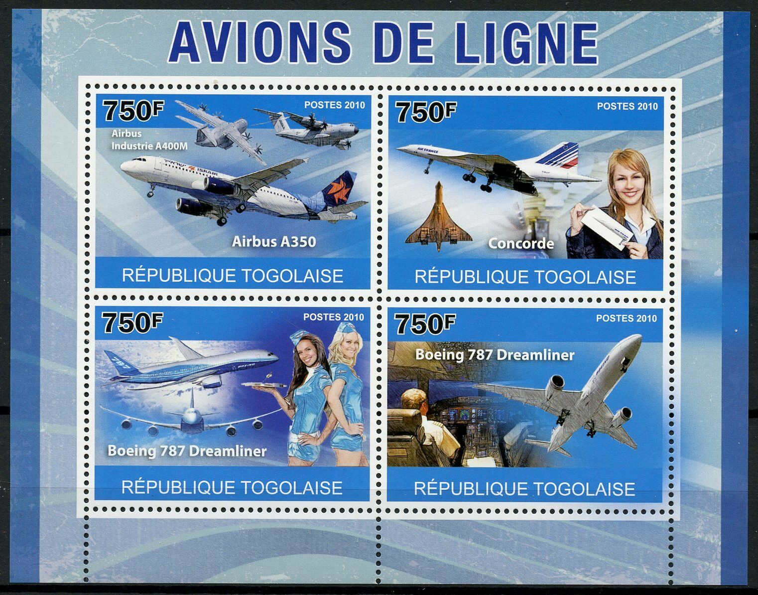 Togo Aviation Stamps 2010 MNH Airliners Concorde Boeing 787 Airbus A350 4v M/S
