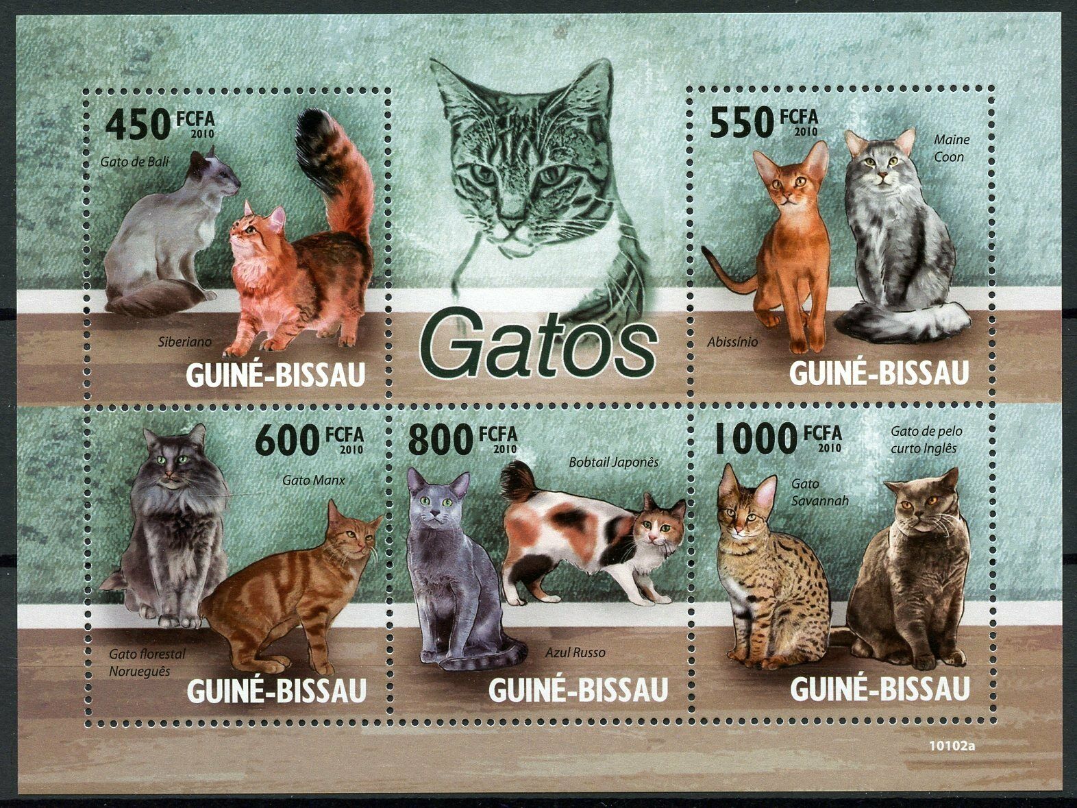 Guinea-Bissau Cats Stamps 2010 MNH Bobtail Maine Coon Savannah Manx Cat 5v M/S