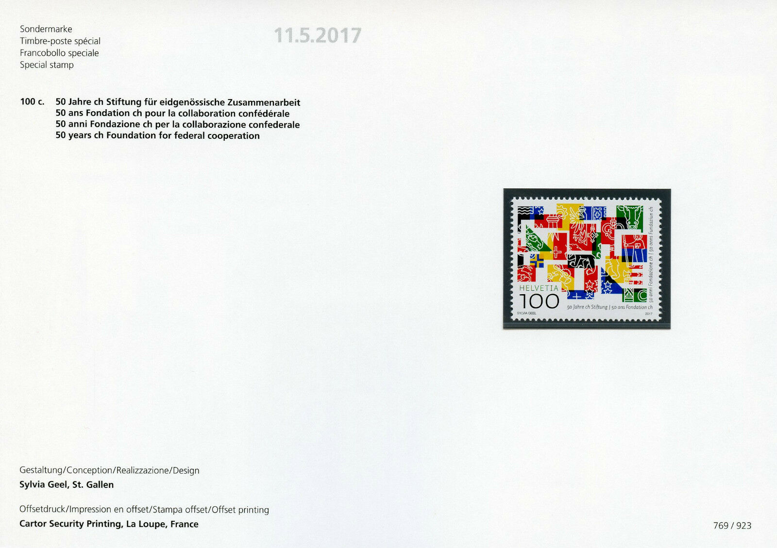 Switzerland 2017 MNH ch Foundation Federal Cooperation 1v Special Folder Stamps