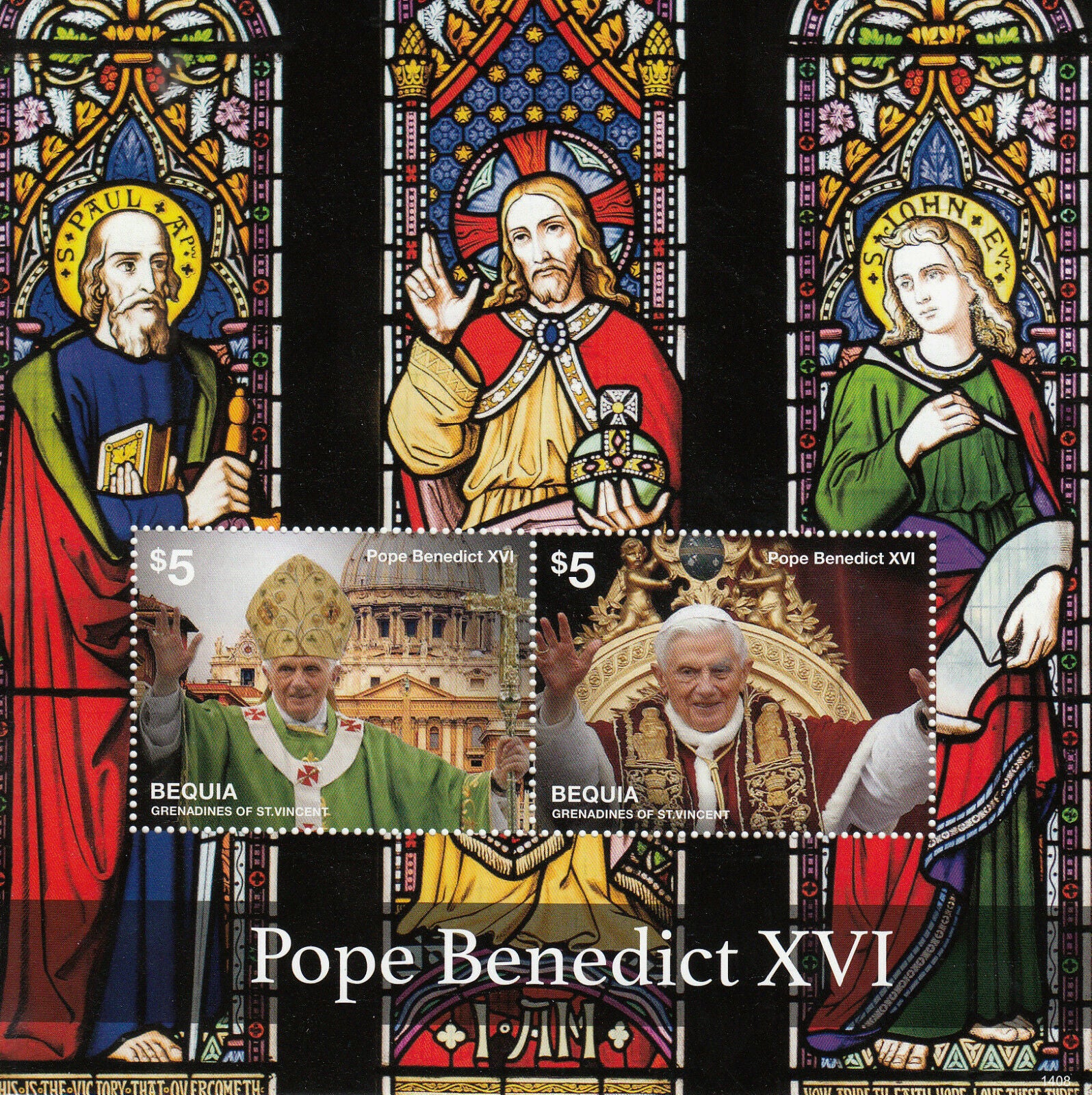 Bequia Gren St Vincent Stamps 2014 MNH Pope Benedict XVI Stained Glass 2v S/S
