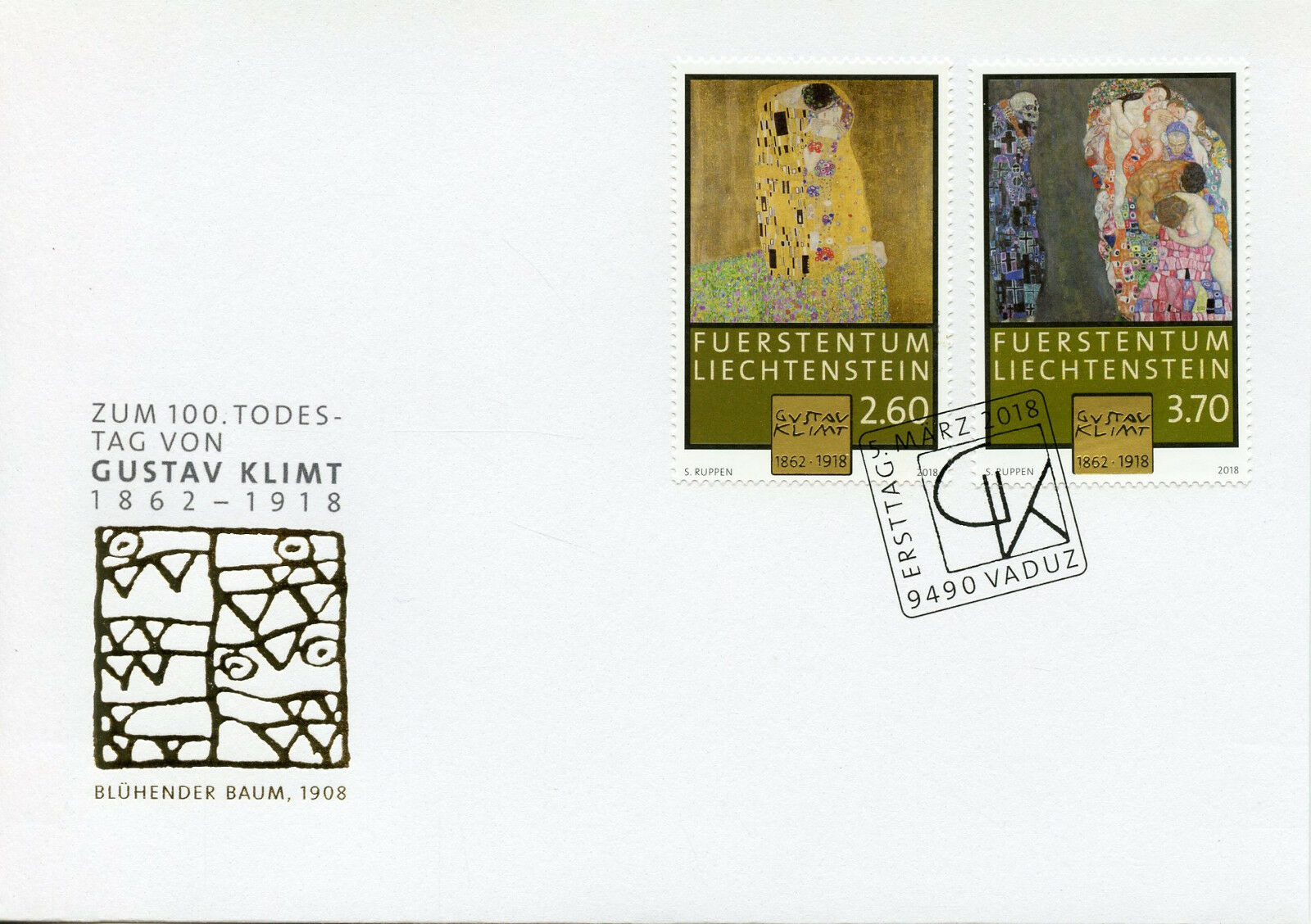 Liechtenstein 2018 FDC Gustav Klimt 100th Memorial The Kiss 2v Cover Art Stamps