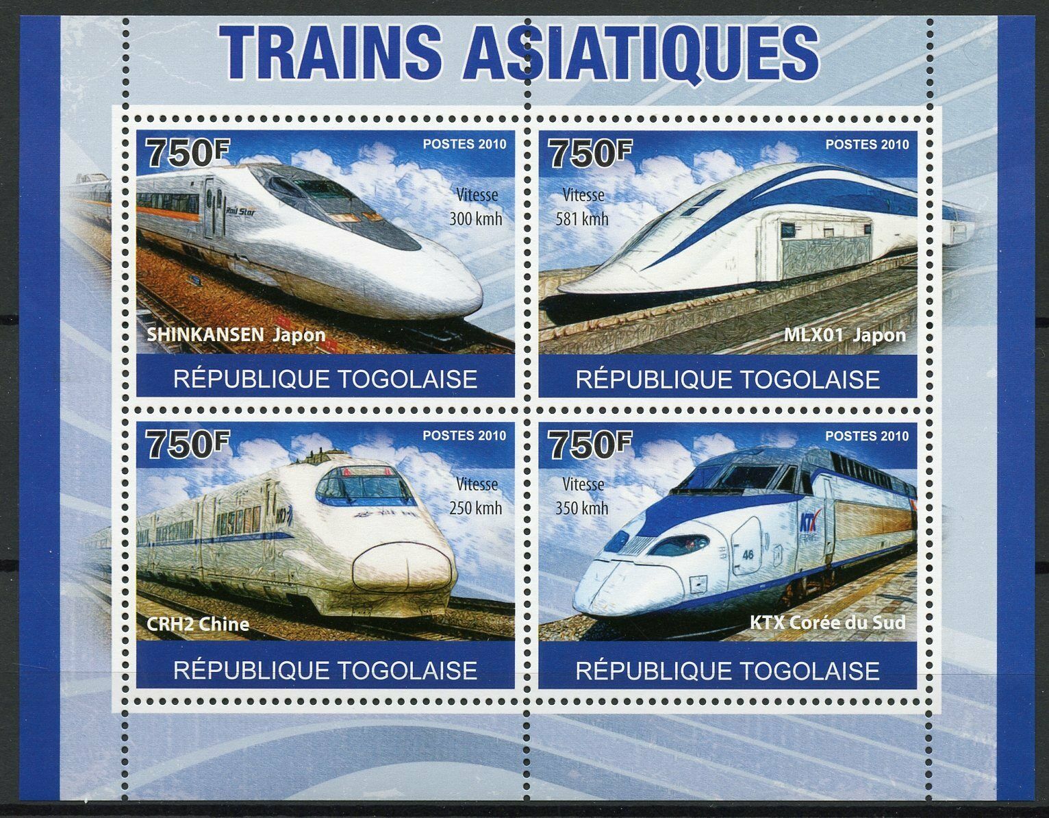 Togo Trains Stamps 2010 MNH Asian High-speed Railways Shinkansen Rail 4v M/S