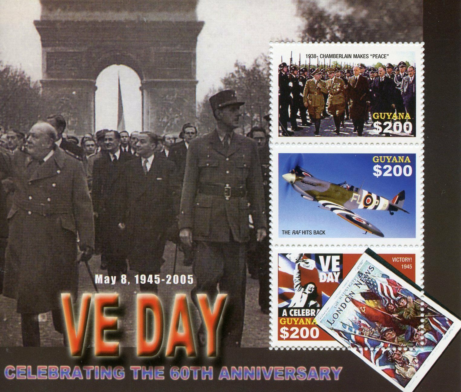 Guyana 2005 MNH Military Stamps WWII WW2 VE Day World War II Churchill De Gaulle 3v M/S