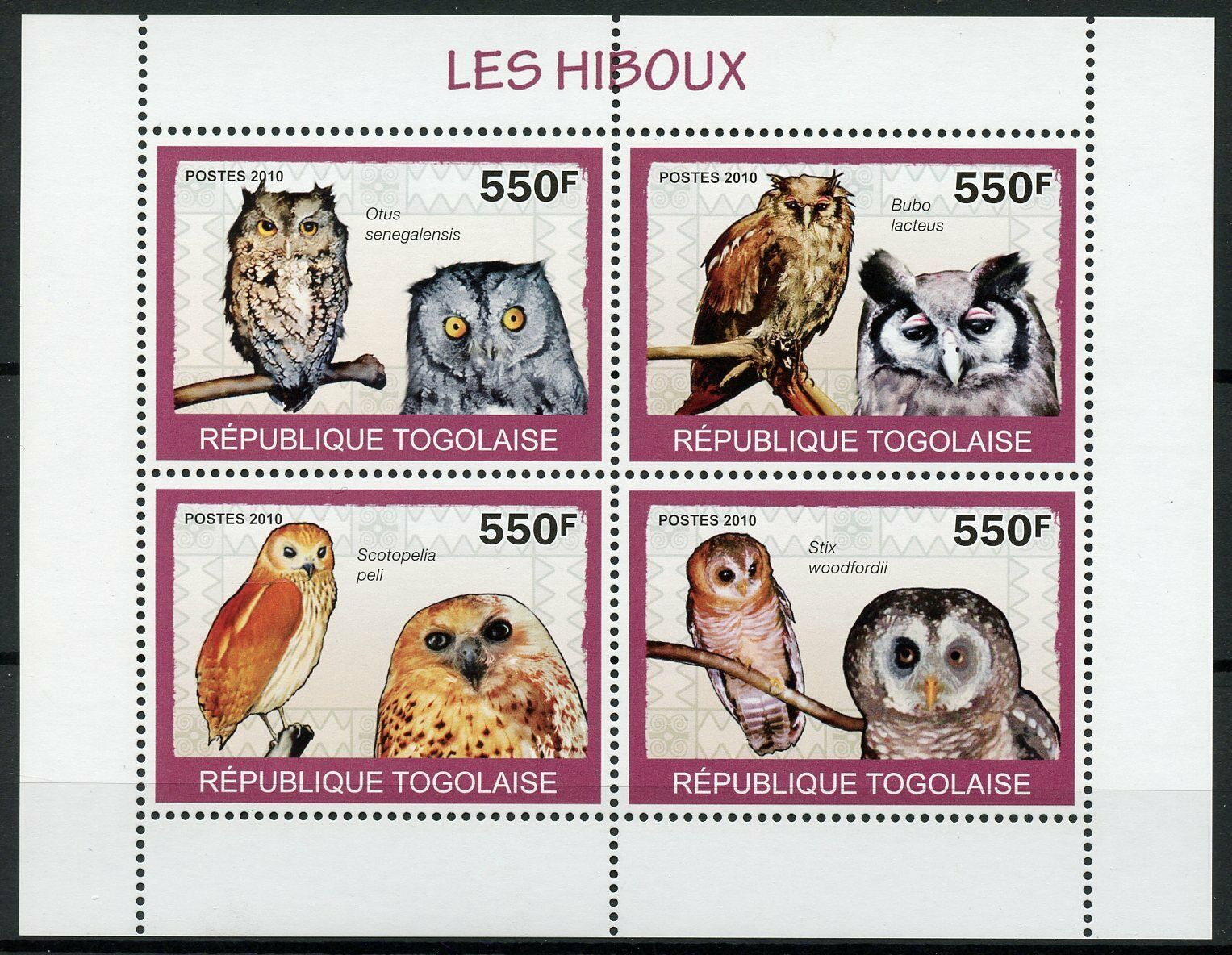 Togo Birds on Stamps 2010 MNH Owls Pel's Fishing Owl Verreaux's Eagle-Owl 4v M/S