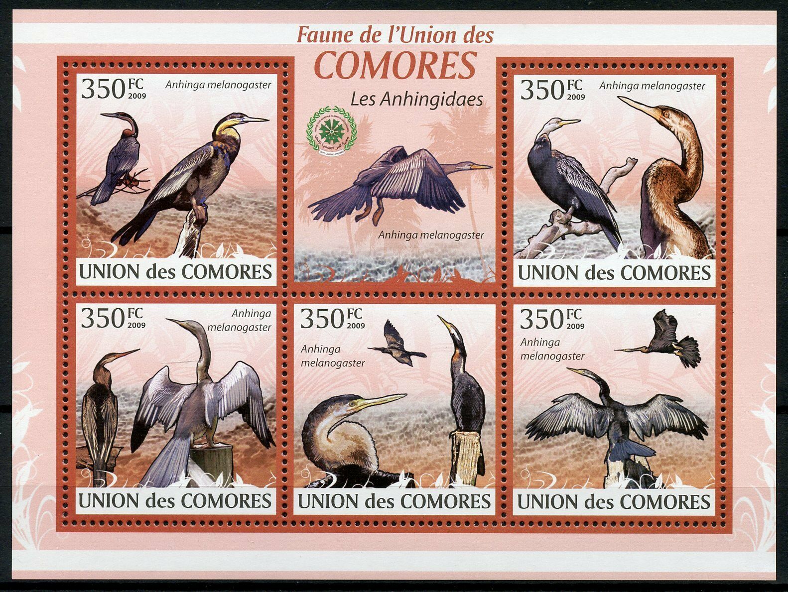 Comoros Birds on Stamps 2009 MNH Oriental Darter Cormorants Fauna 5v M/S