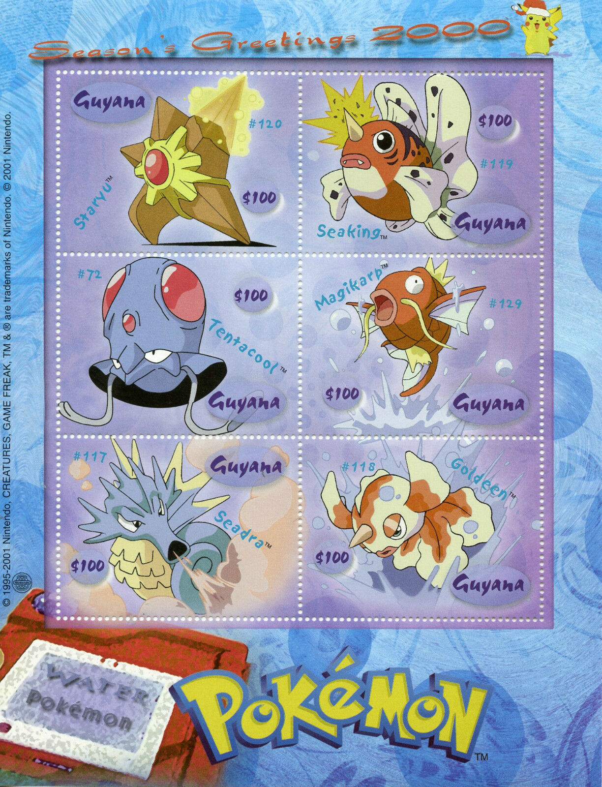 Guyana 2000 MNH Water Pokemon Season's Greetings 6v M/S Magikarp Goldeen Stamps