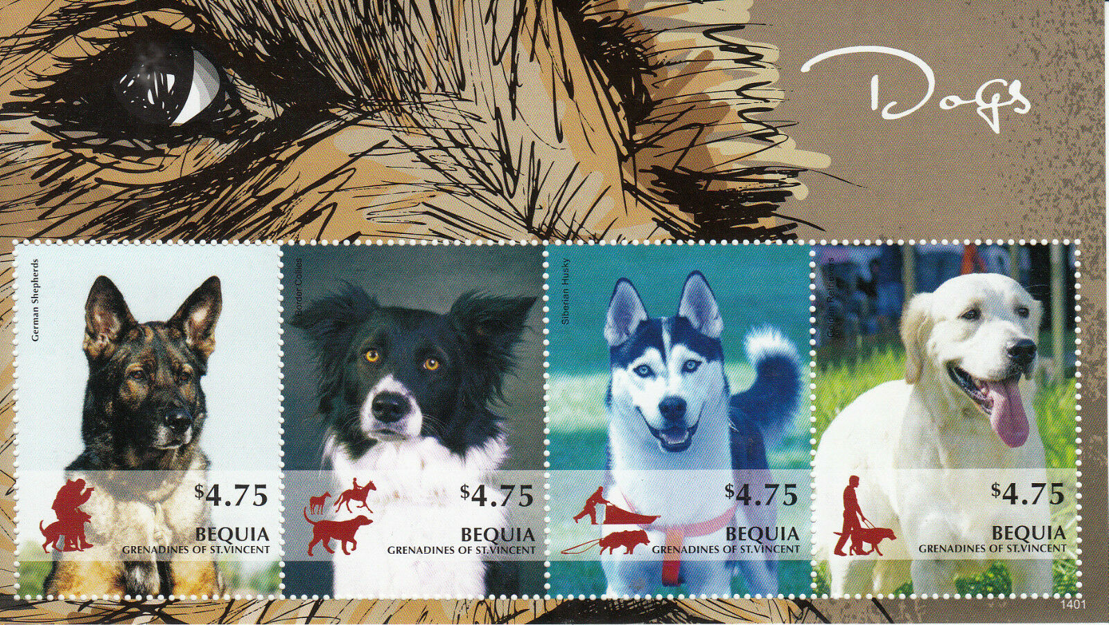 Bequia Gren St Vincent 2014 MNH Dogs Stamps Siberian Husky German Shepherd 4v M/S I