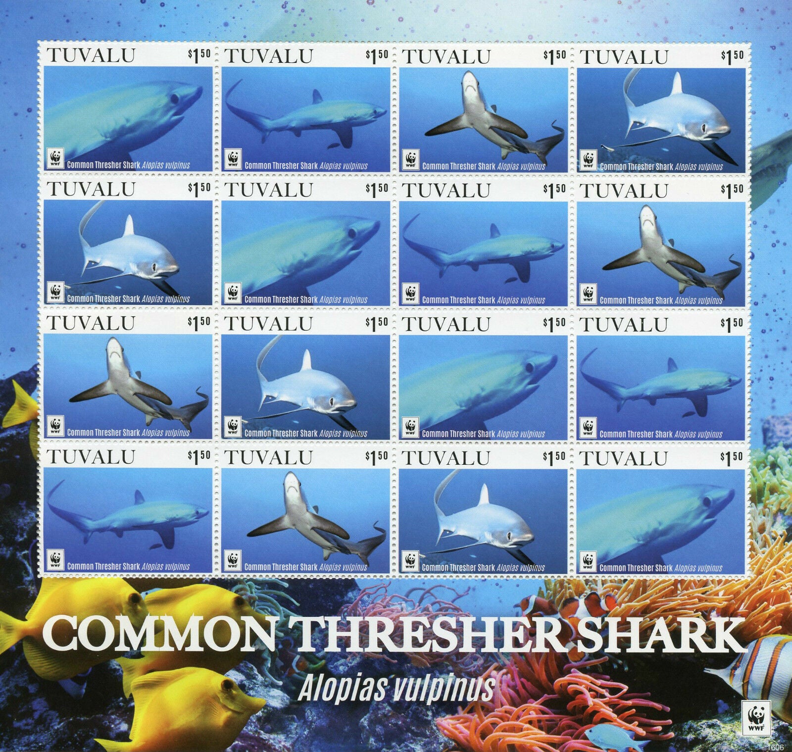Tuvalu 2016 MNH Common Thresher Shark WWF 16v M/S Marine Sharks Fish Stamps