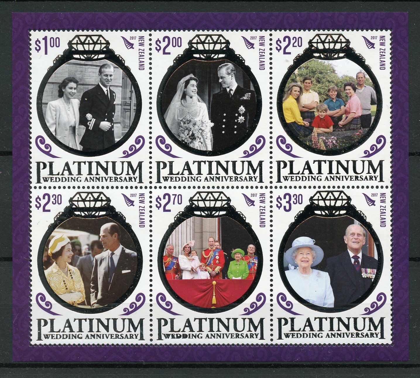New Zealand NZ 2017 MNH Queen Elizabeth II Platinum Wedding 6v M/S Stamps