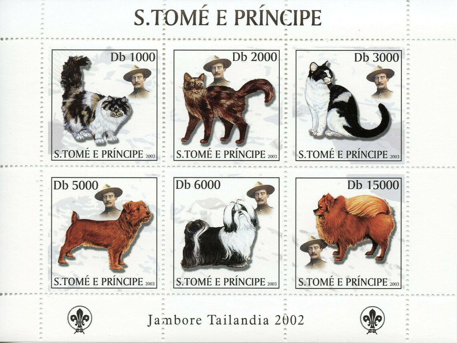 Sao Tome & Principe Cats & Dogs Stamps 2003 MNH Scouting Jamboree Thailand 6v MS