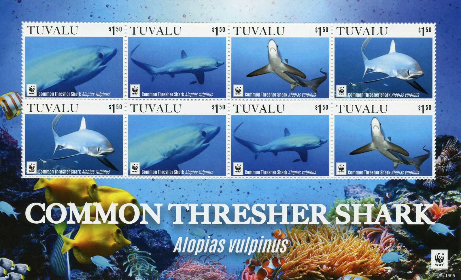 Tuvalu 2016 MNH Marine Animals Stamps Common Thresher Shark WWF Sharks 8v M/S
