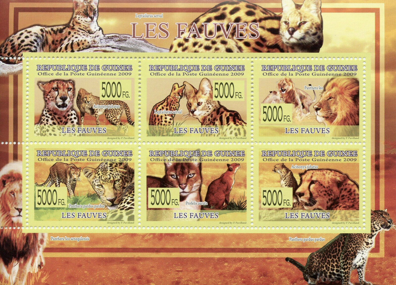 Guinea Wild Animals Stamps 2009 MNH Big Cats Cheetahs Lions Leopards 6v M/S