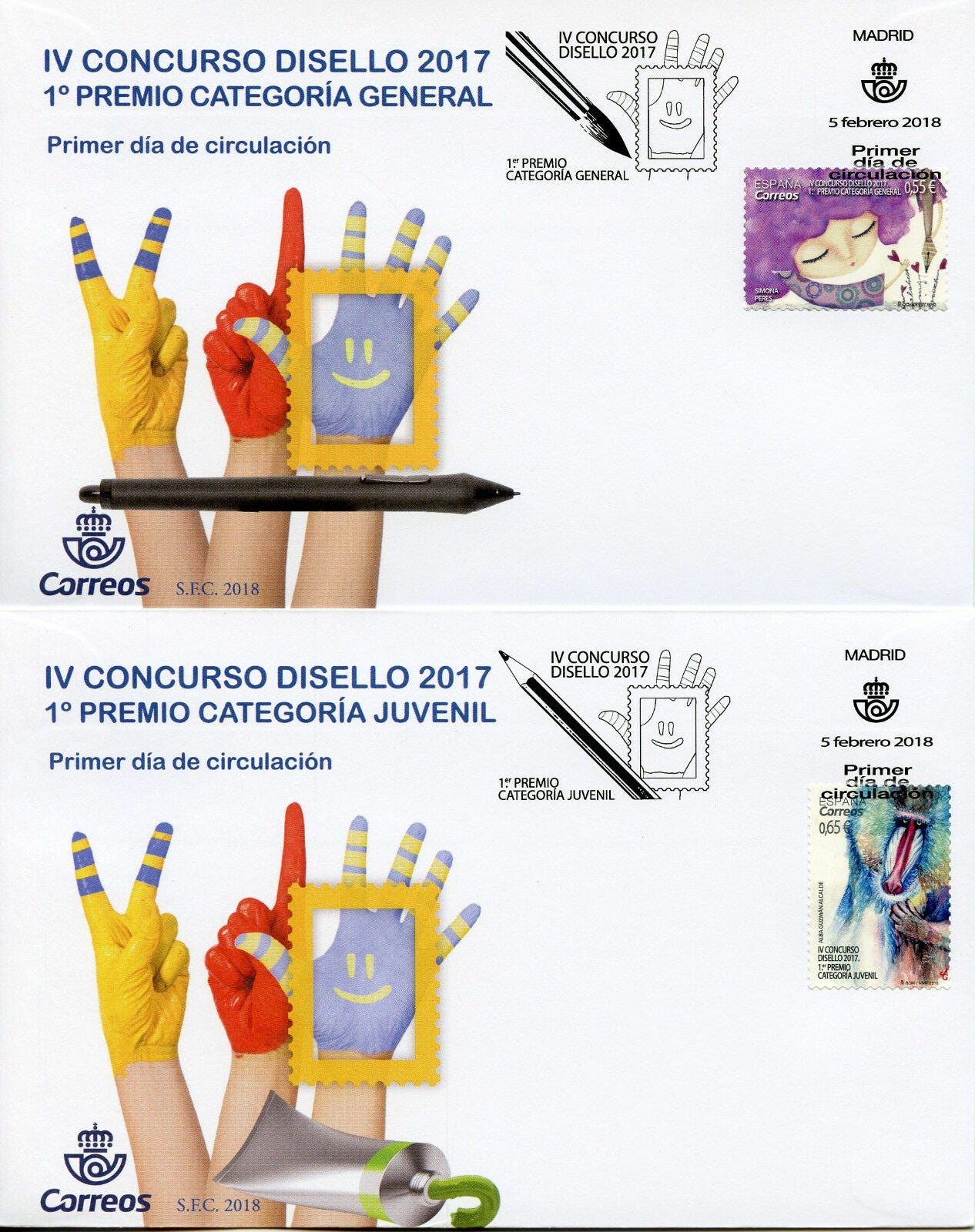 Spain 2018 FDC Disello Stamp Design Contest 2v Set on 2 Covers Monkeys Stamps